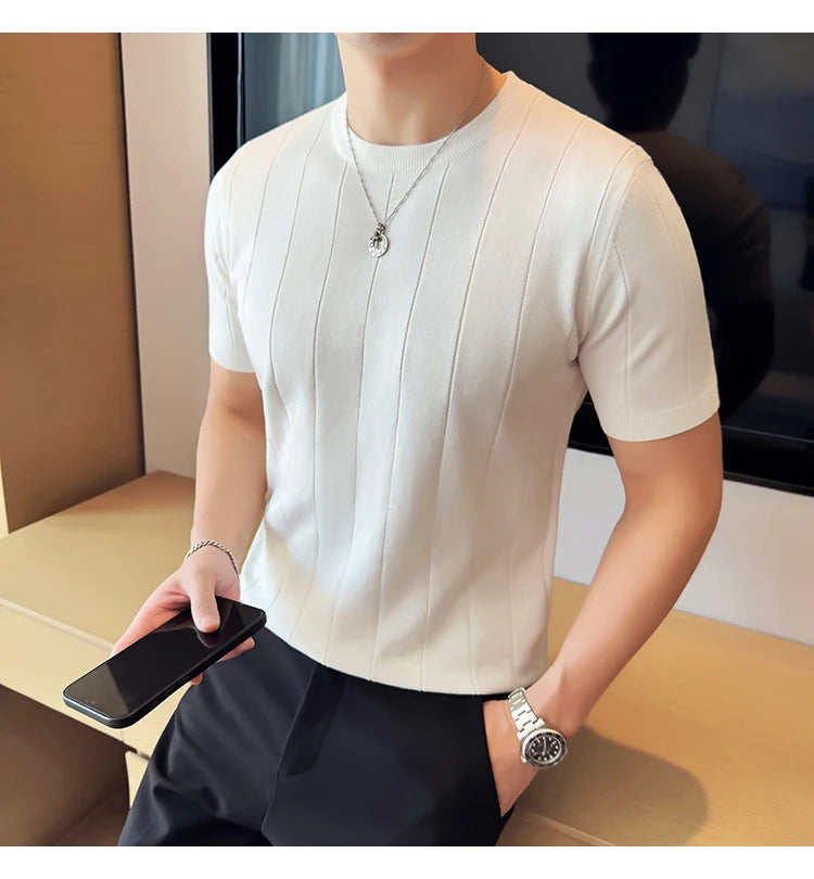 2024 New High Quality, Business Casual Men's Short-Sleeved O-neck Sweater, Daily Slim Fit T-shirt, Stretchable Striped Top M-3XL