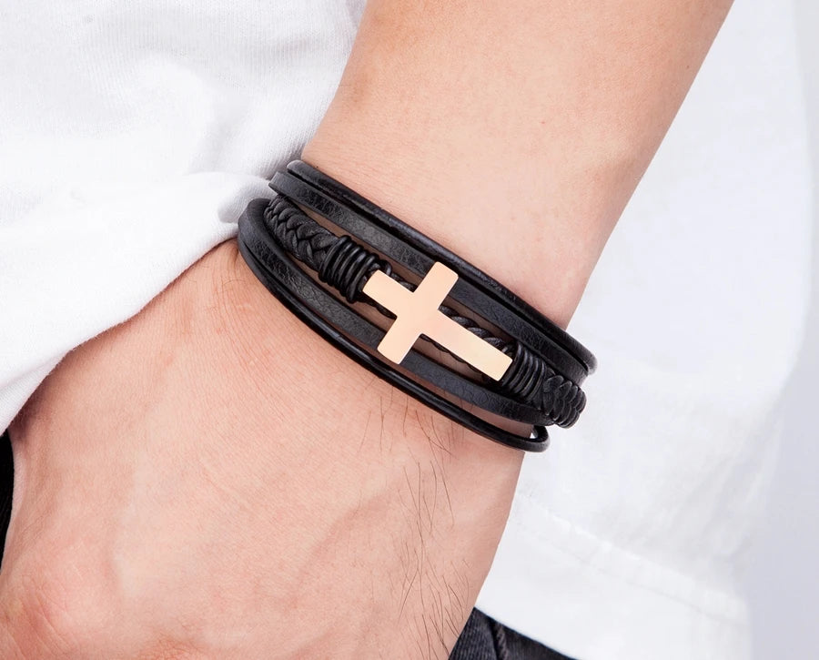 2023 Luxury Multicolor Cross Design Classic Stainless Steel Men's Leather Bracelet 19/21/23cm Choose Handsome Christmas Gifts