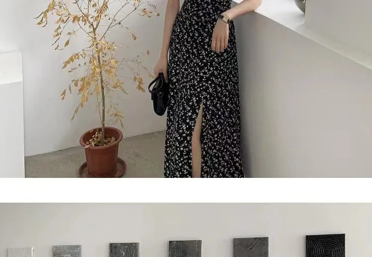 French Style Square Collar Floral Print Dress Women Puff Sleeve High Waiste A-line Ladies Sweet Daily Dating Long Vestidos