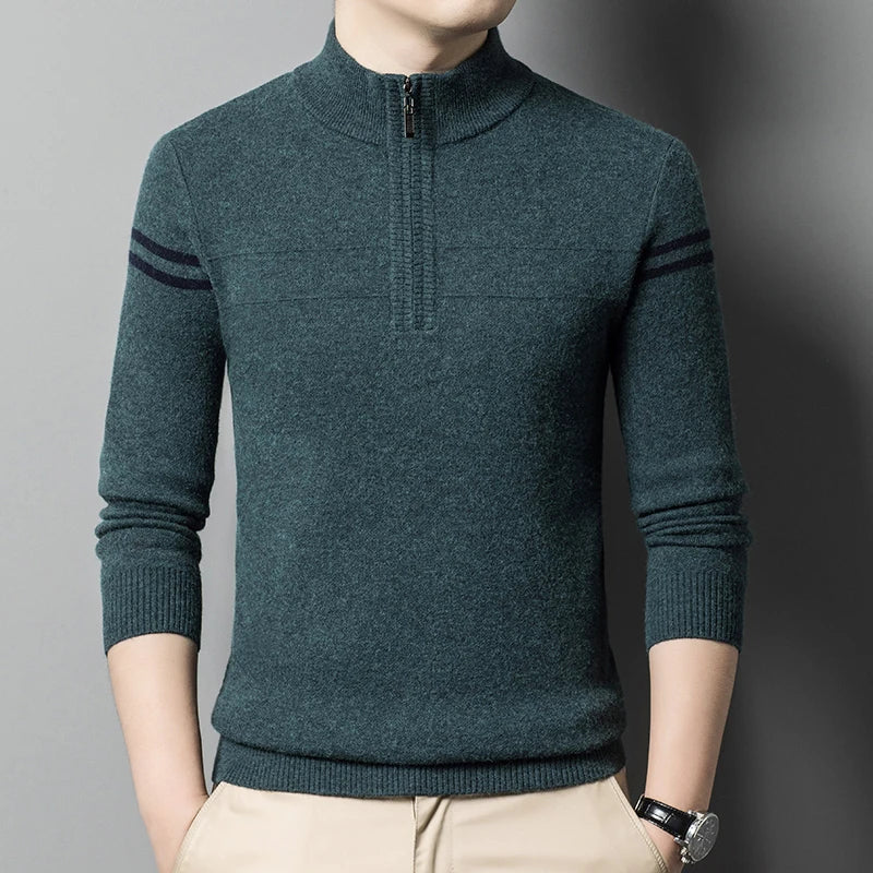 Men's autumn and winter high collar half zipper 100% wool sweater 2024 thick long sleeve warm pullover business casual knitted s