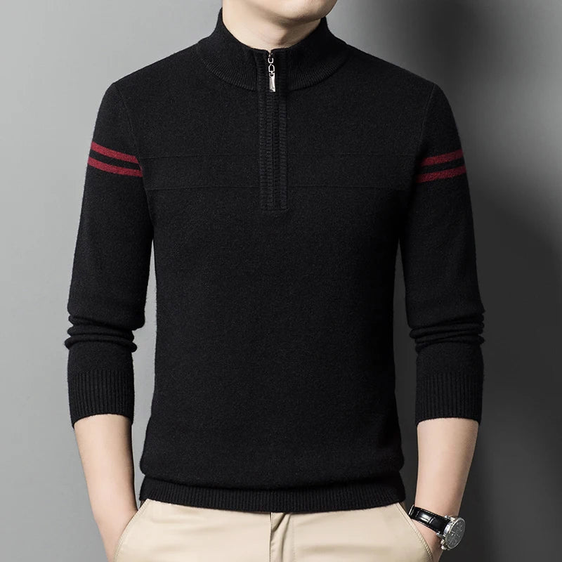 Men's autumn and winter high collar half zipper 100% wool sweater 2024 thick long sleeve warm pullover business casual knitted s