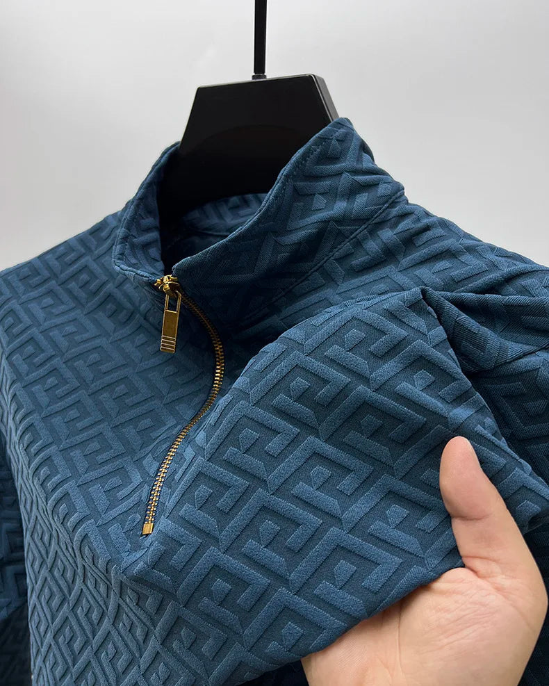 High end brand fashion jacquard retro sweater for men's 2023 spring autumn new casual trend half zipper standing collar pullover