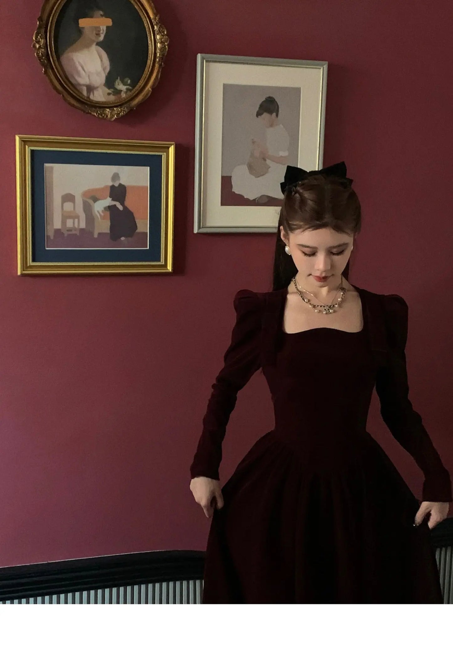 French Vintage Christmas Red Velvet Dress Square Collar Evening Party Prom Vestidos Women Elegant Autumn Winter Clothes