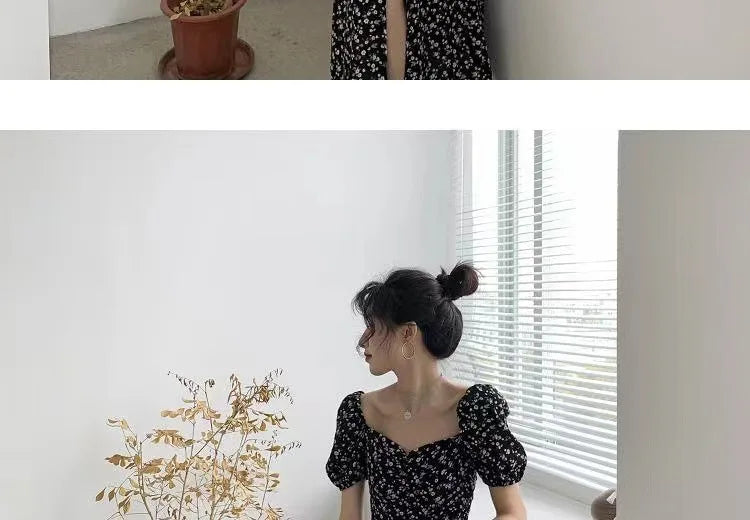 French Style Square Collar Floral Print Dress Women Puff Sleeve High Waiste A-line Ladies Sweet Daily Dating Long Vestidos