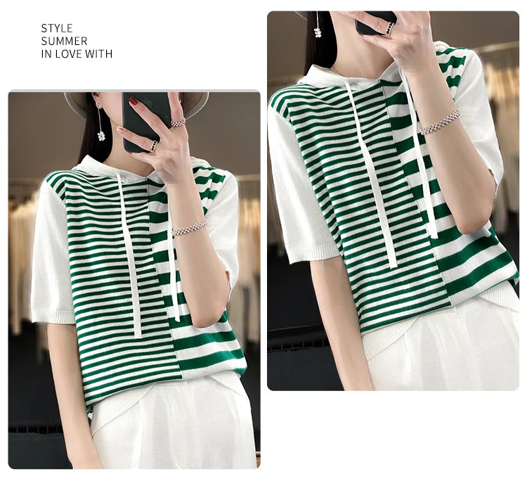 Summer New 100% Cotton Women's T-shirt Short Sleeve Loose Contrast Hooded Collar Pullover Casual Fashion Knitted T-shirt Top