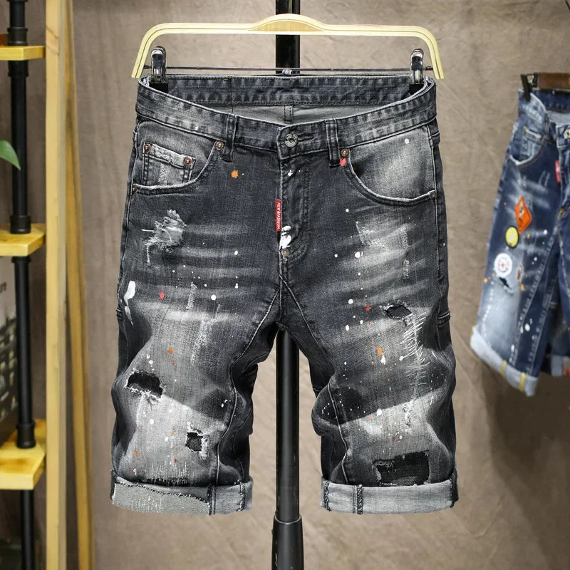 Men Black Denim Shorts New Summer Male Holes Shorts Jeans High Quality Male Stretch Fit Ripped Denim Jeans Shorts Size 44