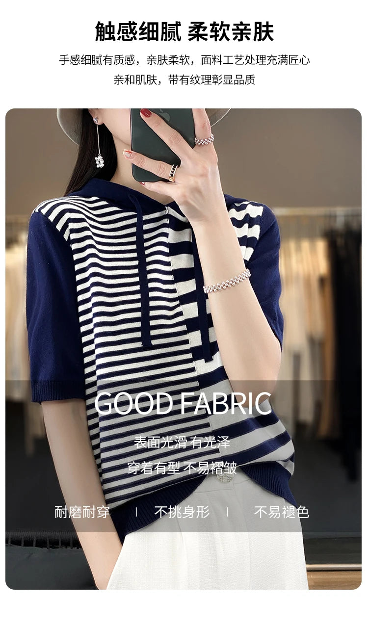 Summer New 100% Cotton Women's T-shirt Short Sleeve Loose Contrast Hooded Collar Pullover Casual Fashion Knitted T-shirt Top