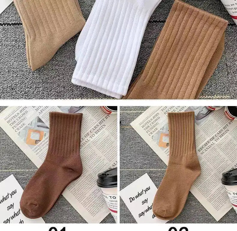 Women Classic Solid Color Striped Cotton Loose Socks Korean Fashion Japanese Style Simple Basic Socks Lady All Match Brown Sock