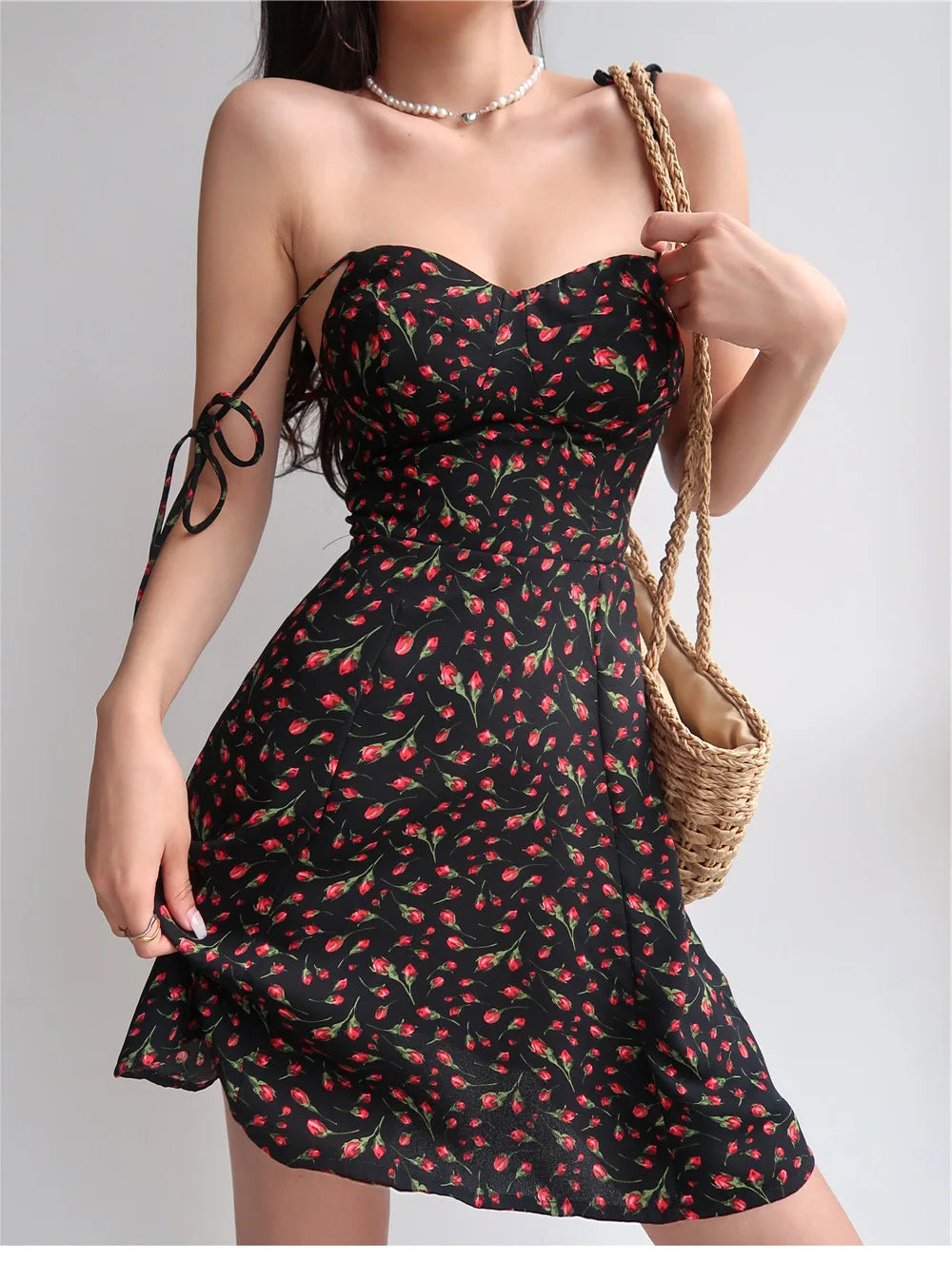 Bandage Summer Black Floral Short Dress 2024 Woman Sexy Clothes Suspenders Beach Vacation Sleeveless Backless Dresses for Women