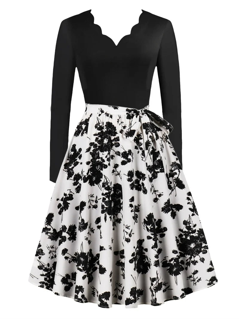 Sexy lace V-neck long sleeved pullover with slim fit floral print casual party A-line dress with belt included