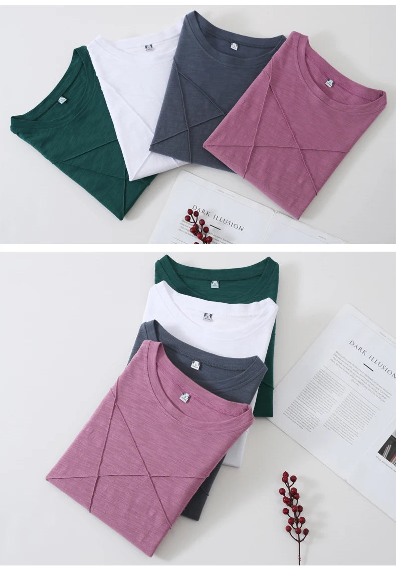 AOSSVIAO 2024 Autumn Long Sleeve Women O-Neck Bamboo Cotton T-Shirt Elegant Loose Ribbed Fashion Tee Shirt Ladies Simple Tops