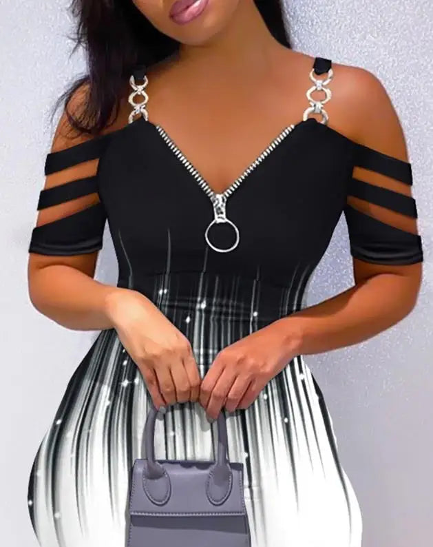 New Fashion 2023 Summer Casual Sexy Colorblock Cold Shoulder Bodycon Skinny Mini Dress Elegant Dresses for Women