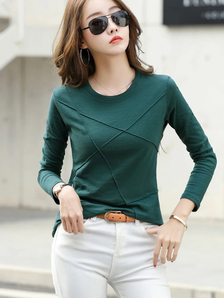 AOSSVIAO 2024 Autumn Long Sleeve Women O-Neck Bamboo Cotton T-Shirt Elegant Loose Ribbed Fashion Tee Shirt Ladies Simple Tops