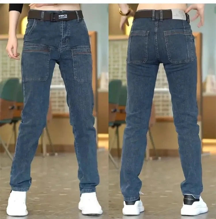 2024 New Brand Mens Casual Multiple Pockets Jeans Mid-Waist Elastic Straight Denim Trousers Versatile Loose Personality Pants