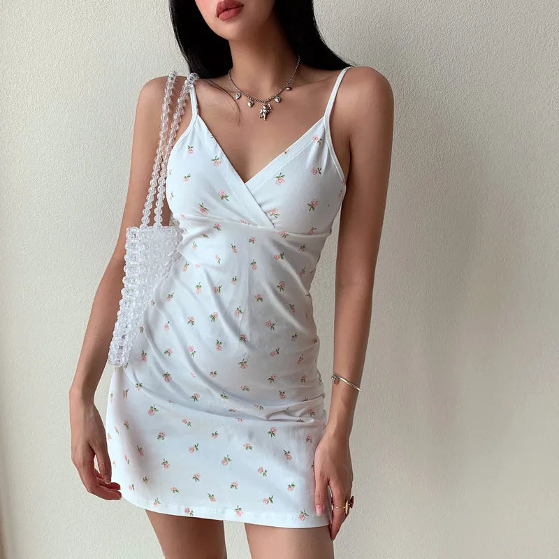 Floral Dress Women y2k Vintage V-Neck Straps Mini Dress Slim Sleeveless Backless Dresses Sexy Spaghetti Strap Mini Dress