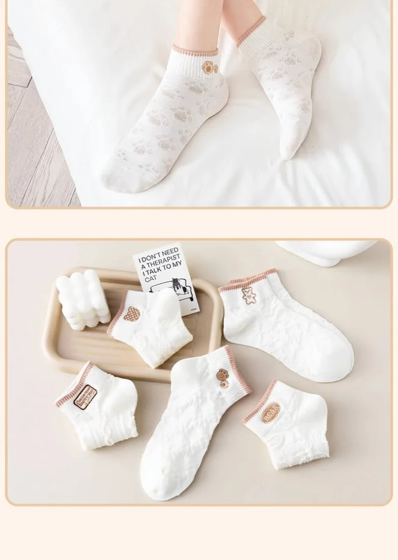 5 Pairs Avocado Flower Heart Ankle Socks Cartoon Fresh Fashion Breathable Spring and Summer Kawaii Comforts Women's Boat Socks