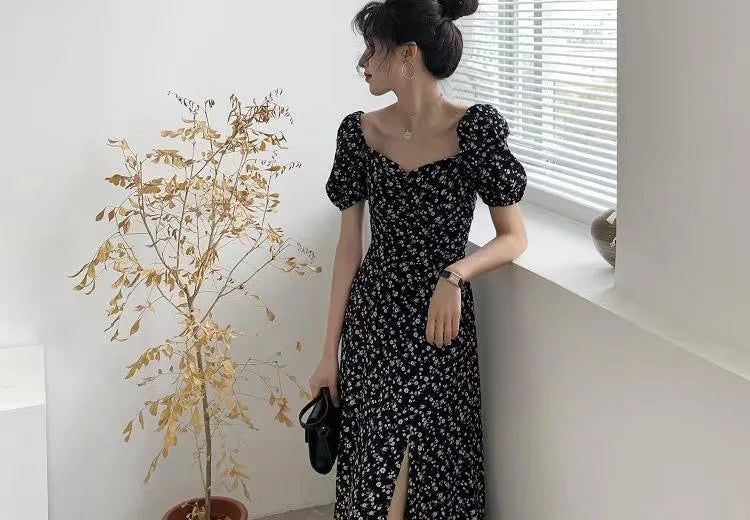 French Style Square Collar Floral Print Dress Women Puff Sleeve High Waiste A-line Ladies Sweet Daily Dating Long Vestidos