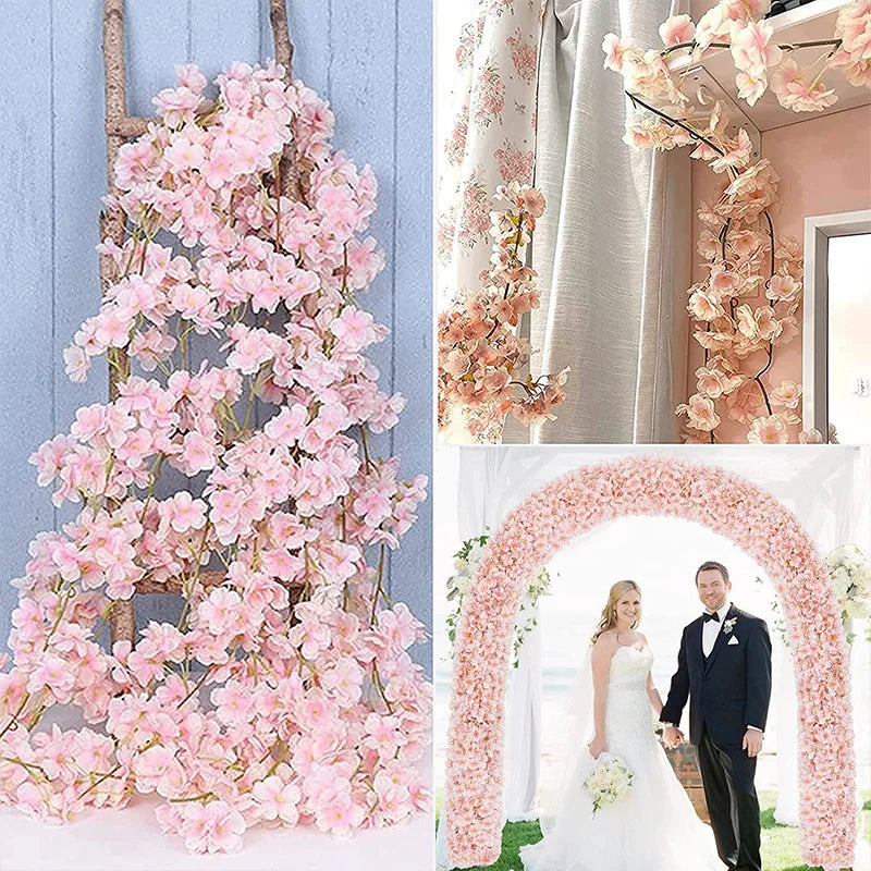 180cm Artificial Flowers Cherry Blossom Sakura Garland Wedding Arch Garden Backdrop Home Party Decoration Silk Fake Plants Vine