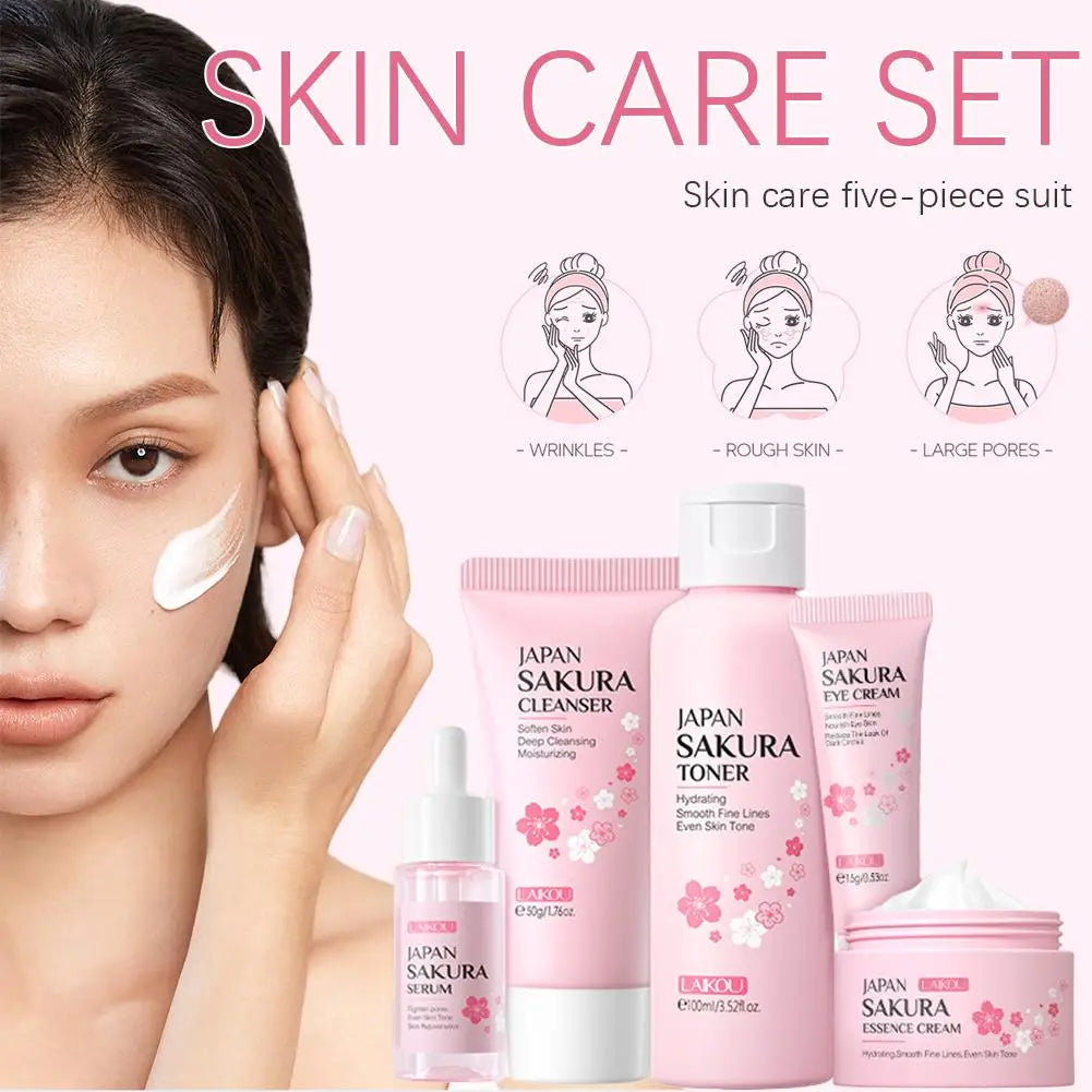 5PCs Facial Skin Care Set Gentle Skin Cleaning Travel Skincare Set For Girls W/ Cleanser Toner Face Serum Cream Eye Cream