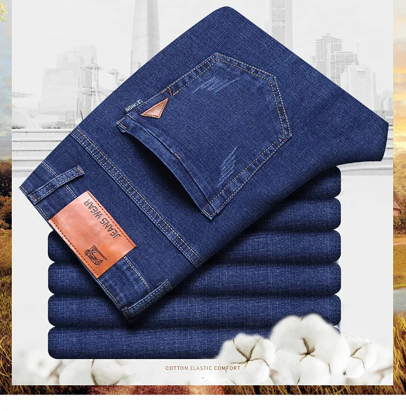 Men Fashion Straight Jeans Men 2024 New Stretch Slim Fit Pants Comfortable Soft Business Denim Trousers Male Brand Clothing