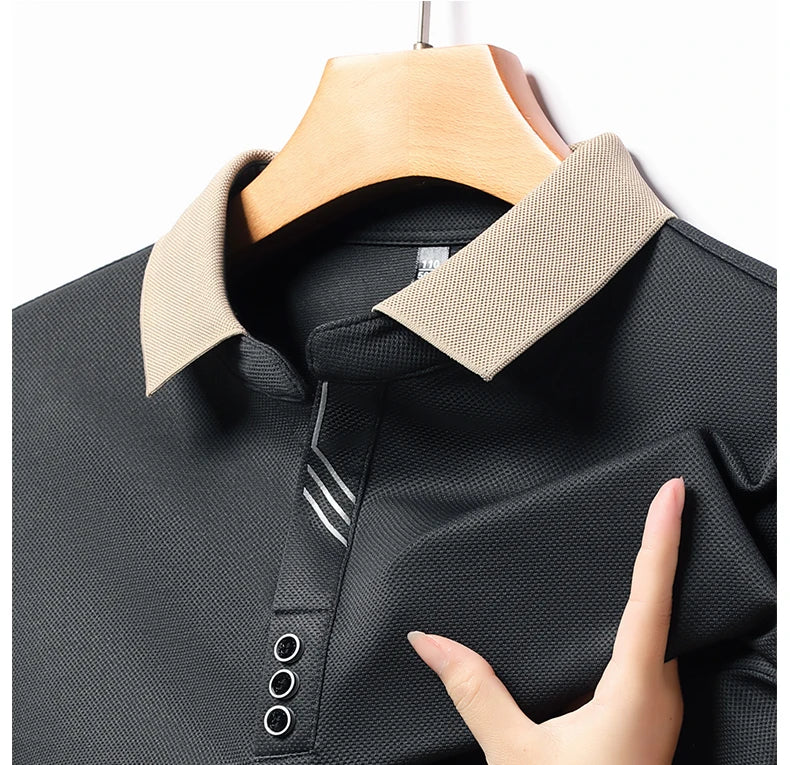 Autumn New Men's Long-sleeved Polo Shirt Business Casual Slim Elastic Top Fashion Classic Solid Color Male Brand Tees