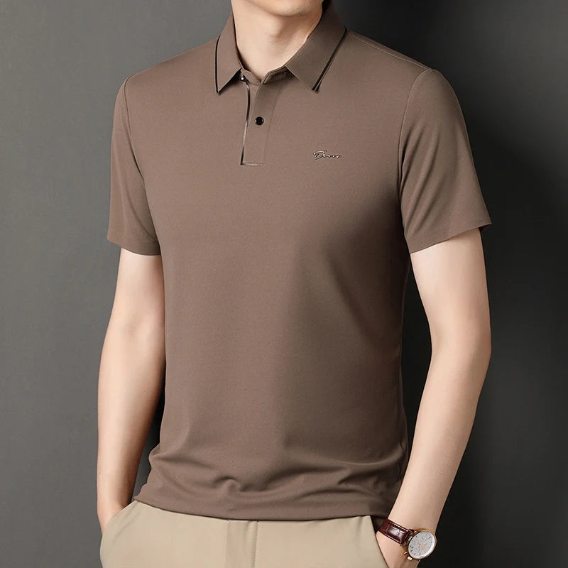Handsome 2024 Summer Ice Silk Seamless Breathable Polo Shirt Men Short Sleeved Embroidery Casual Lapel T-shirt Men's Clothing