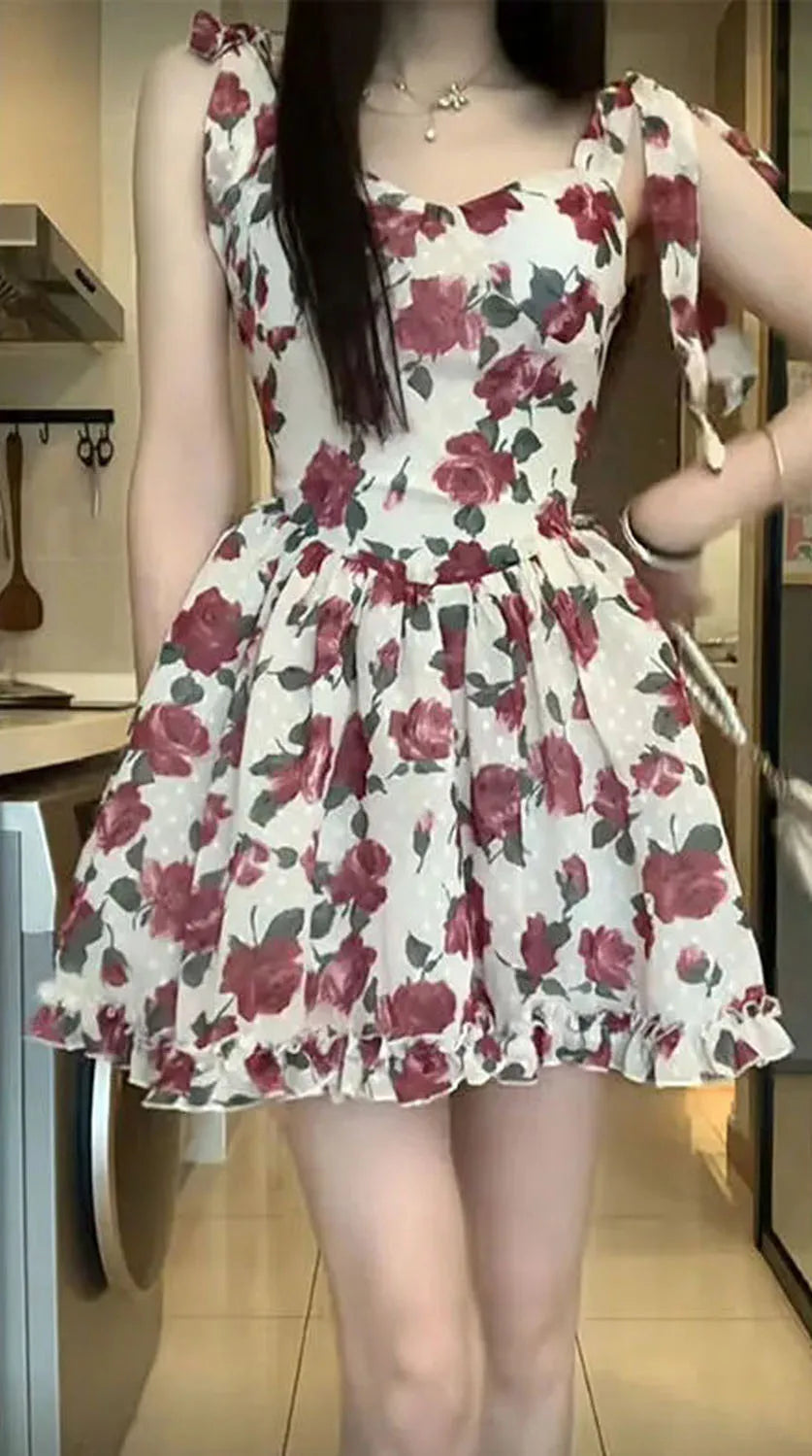 Summer New French Vintage Floral Halter Dress V-neck Sleeveless A-line Cute Short Dress Birthday Party Dress Camisole Dresses