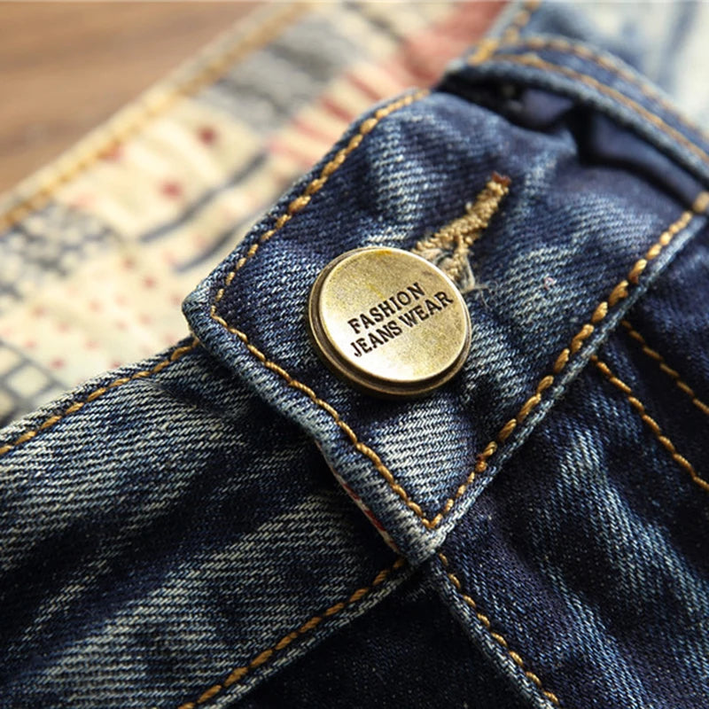 Denim Jeans Straight Scratches Fashion Men's Pants Luxury Vintag Hole Ruined Long Broken Fashion Regular Fit Large Size