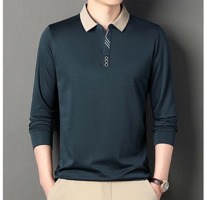 Autumn New Men's Long-sleeved Polo Shirt Business Casual Slim Elastic Top Fashion Classic Solid Color Male Brand Tees
