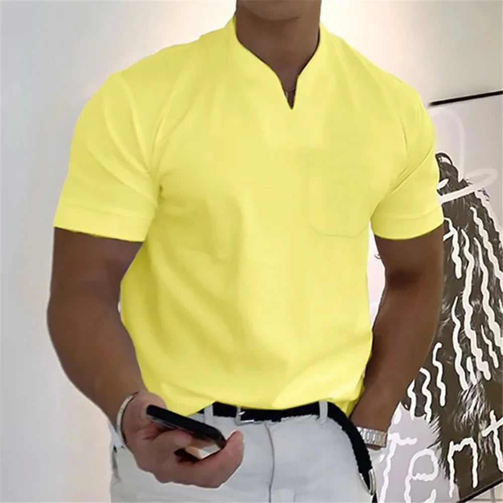 2024 Summer Beach Short Sleeve Solid Color V-neck T-shirt Micro Elastic Muscle Men's top 12 Color Daily Casual Sports Clothing