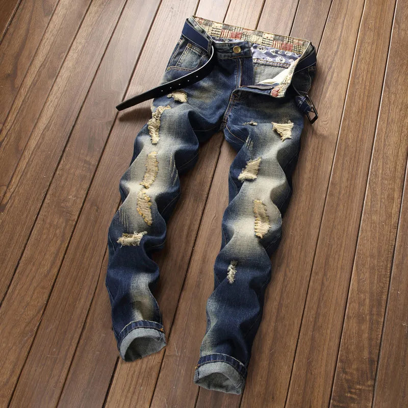 Denim Jeans Straight Scratches Fashion Men's Pants Luxury Vintag Hole Ruined Long Broken Fashion Regular Fit Large Size