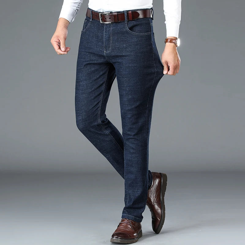 High Quality Men's Business Stretch Jeans Korean Casual Pants Denim Straight Trousers Black Navy Blue Men's Clothes