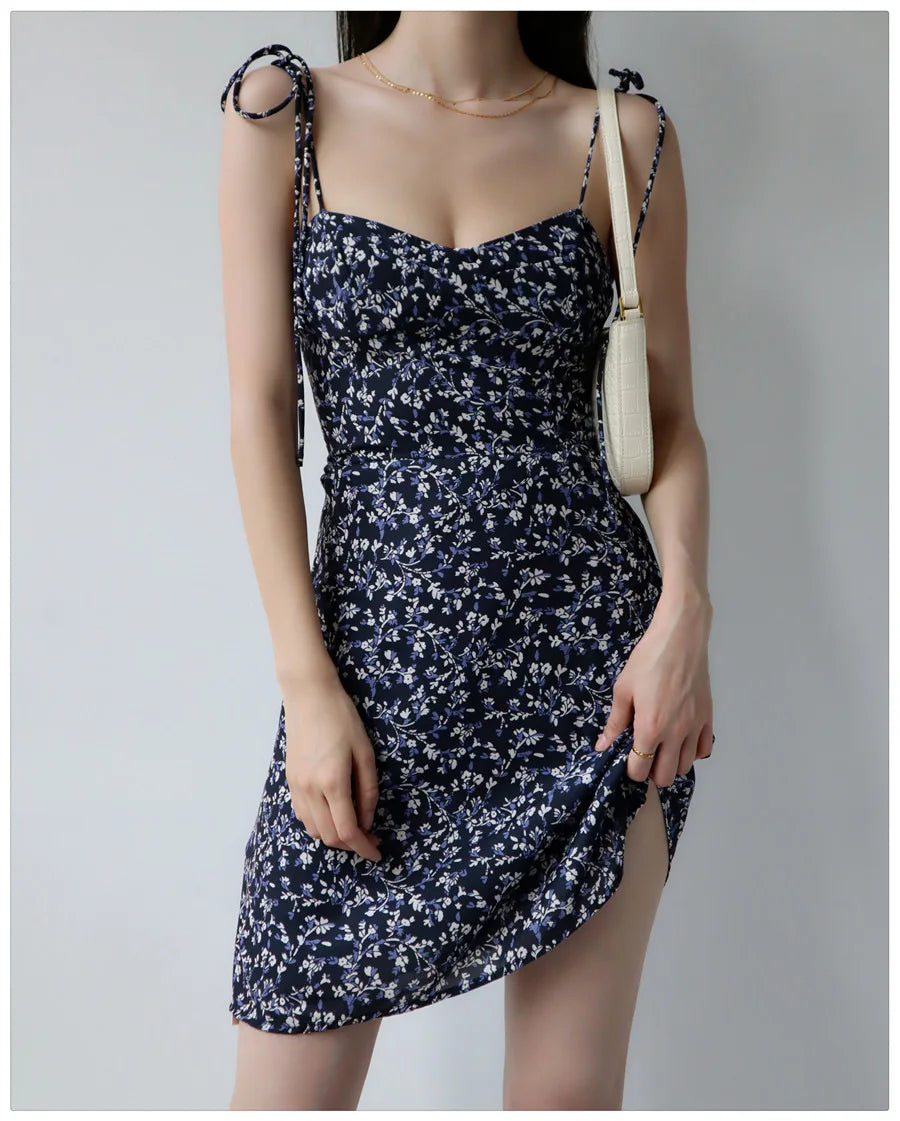 Bandage Floral Spaghetti Strap Dress Womens Y2k Clothes Sleeveless Mini Fashion Summer Short Party Backless Dresses for Women