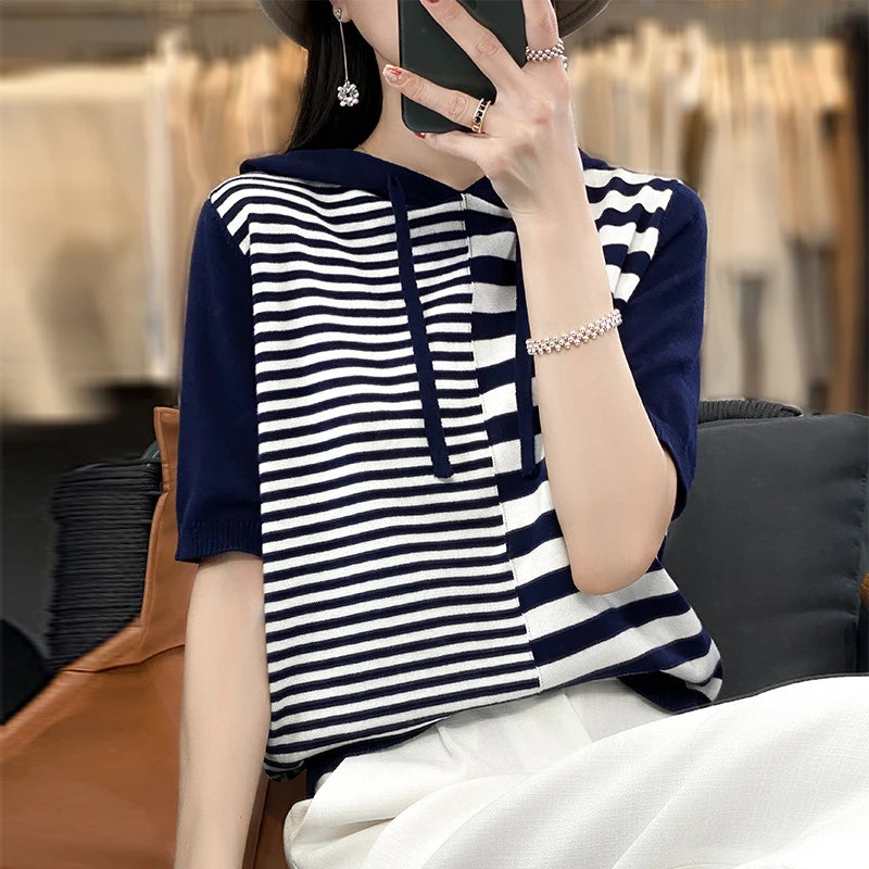 Summer New 100% Cotton Women's T-shirt Short Sleeve Loose Contrast Hooded Collar Pullover Casual Fashion Knitted T-shirt Top