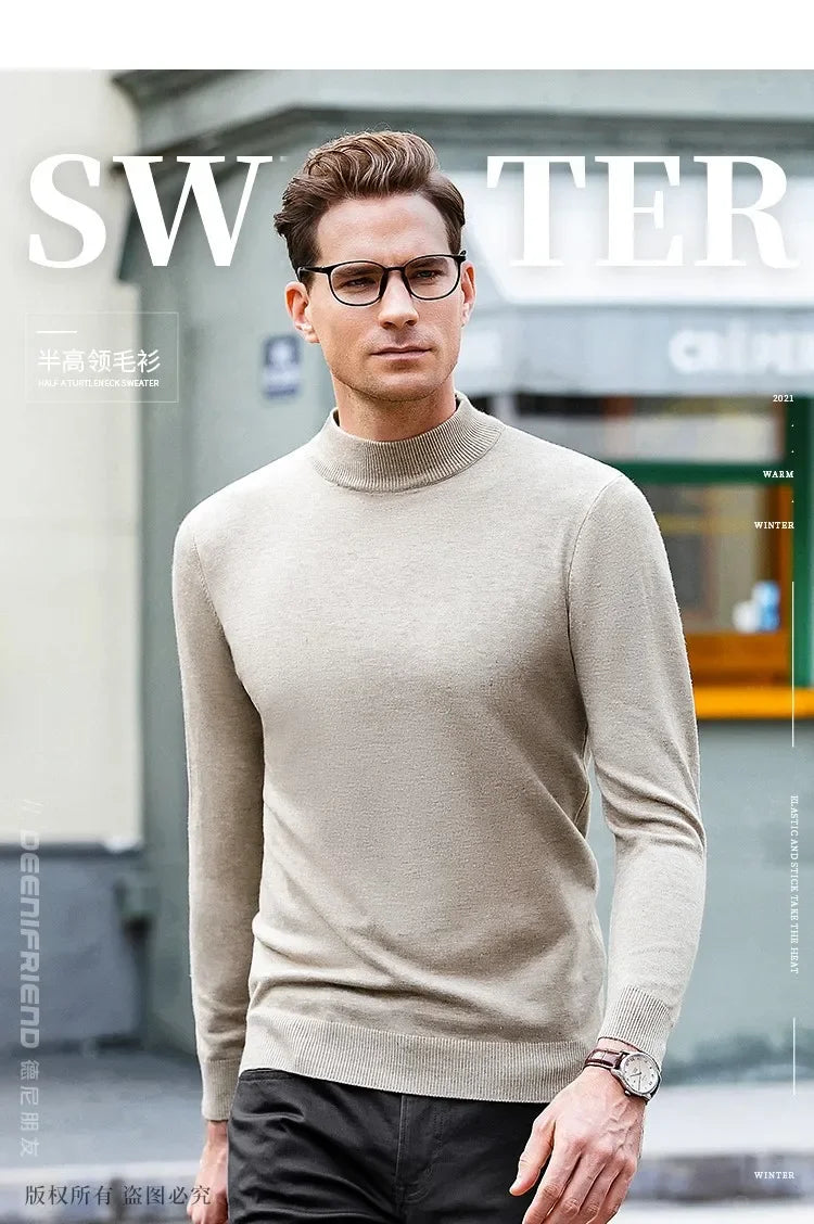 Luxury Brand Men's Mock Collar 100% Pure Woolen Sweater Tops Autumn Winter Cashmere Sweater Pullover Male Warm Knitwear Sweater