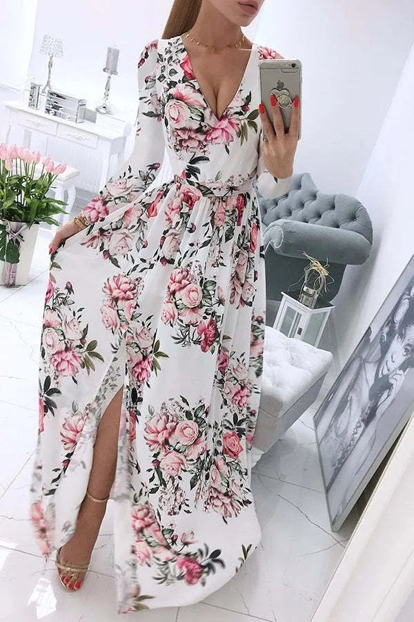 Amazon eBay Cross border 2024 Summer Chiffon Printed Long Dress V-neck Dress Long Sleeve Split Dress Women