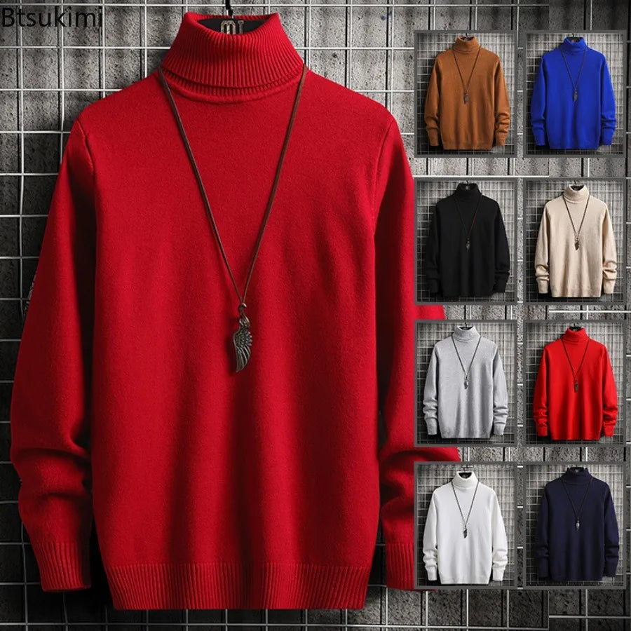 2024 Turtleneck Sweaters Men's Solid Pullovers Knitted Sweater High Collar Knitwear Pullovers Autumn Winter Warm Sweater for Men