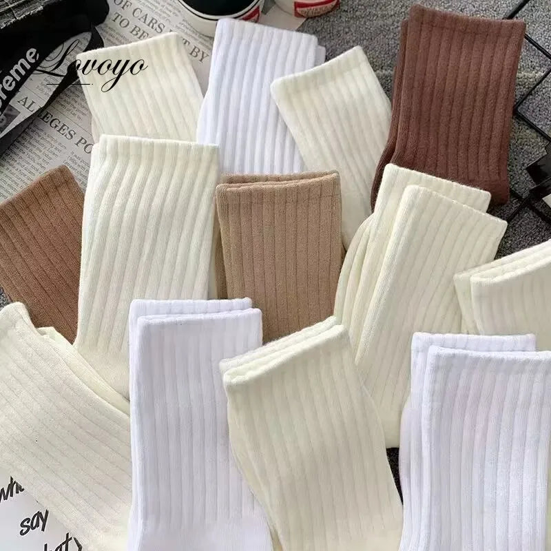 Women Classic Solid Color Striped Cotton Loose Socks Korean Fashion Japanese Style Simple Basic Socks Lady All Match Brown Sock
