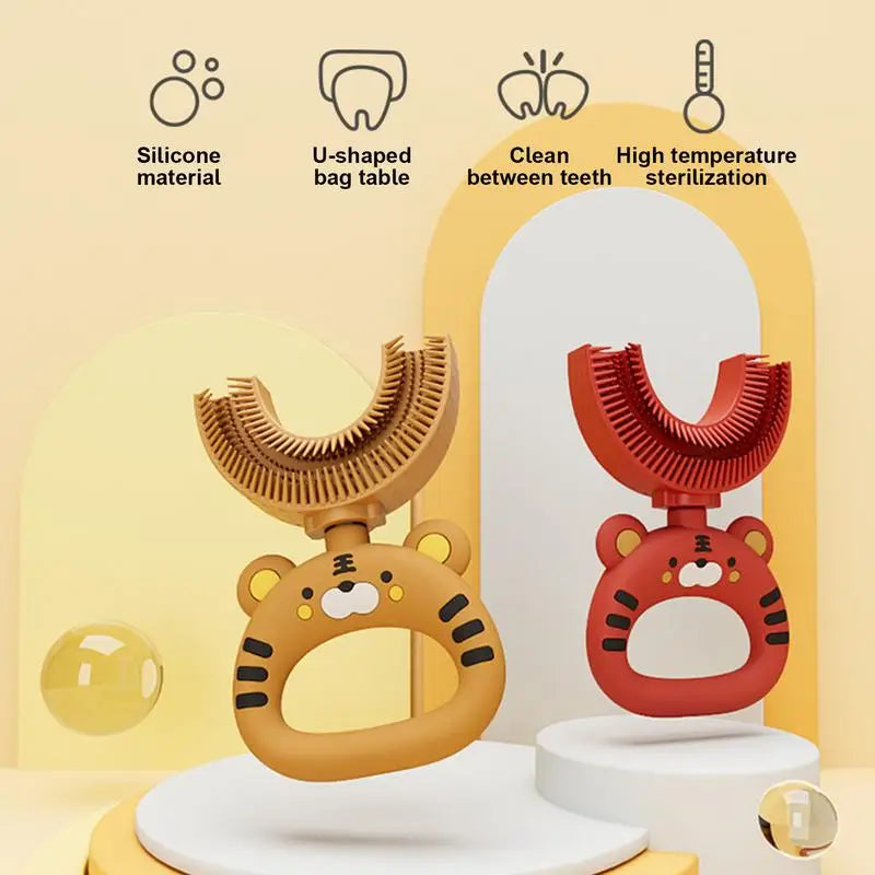 Silicone U Shaped Toothbrush U-Shaped Cartoon Tiger Design Toothbrush Soft Silicone Brush Head Extra Soft Toothbrush Training
