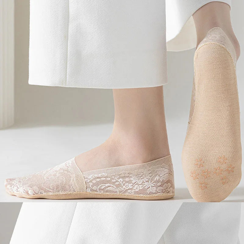 5Pair Women Socks Summer Thin Breathable Silicone Non-slip Ladies Invisible Lace Boat Sock Transparent Fashion Calcetines Mujer