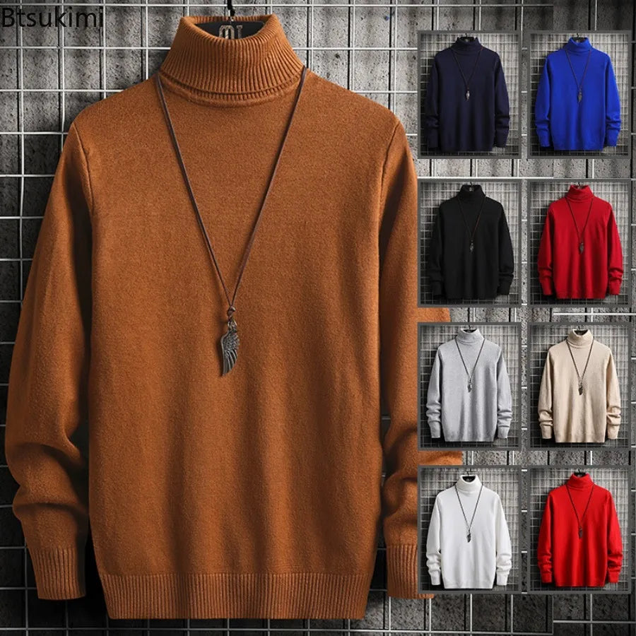 2024 Turtleneck Sweaters Men's Solid Pullovers Knitted Sweater High Collar Knitwear Pullovers Autumn Winter Warm Sweater for Men