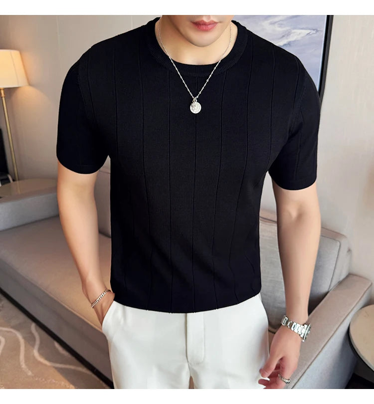 2024 New High Quality, Business Casual Men's Short-Sleeved O-neck Sweater, Daily Slim Fit T-shirt, Stretchable Striped Top M-3XL
