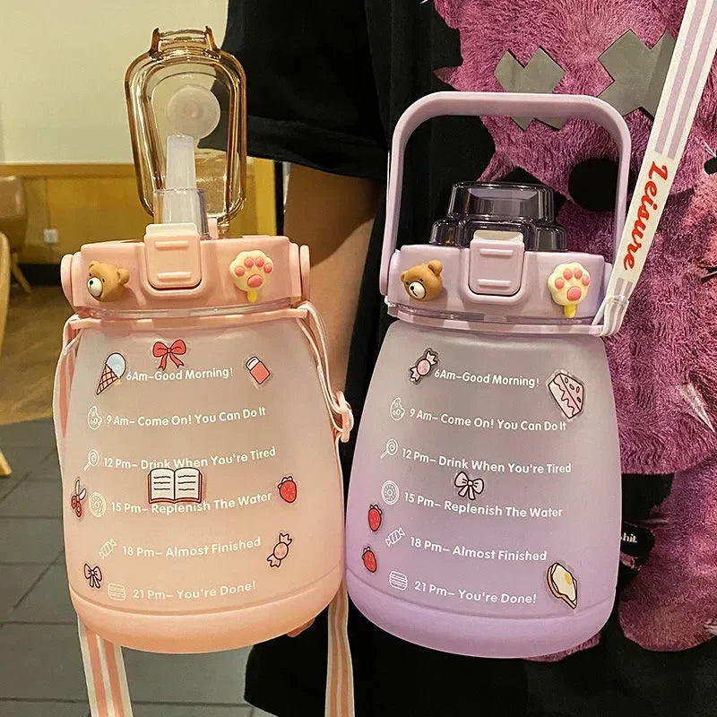 1/4PCS Large Capacity Frosted Mug Travel Portable Sports Bottle Plastic Cup Handheld Shoulder Strap Water Bottle Straw Mug