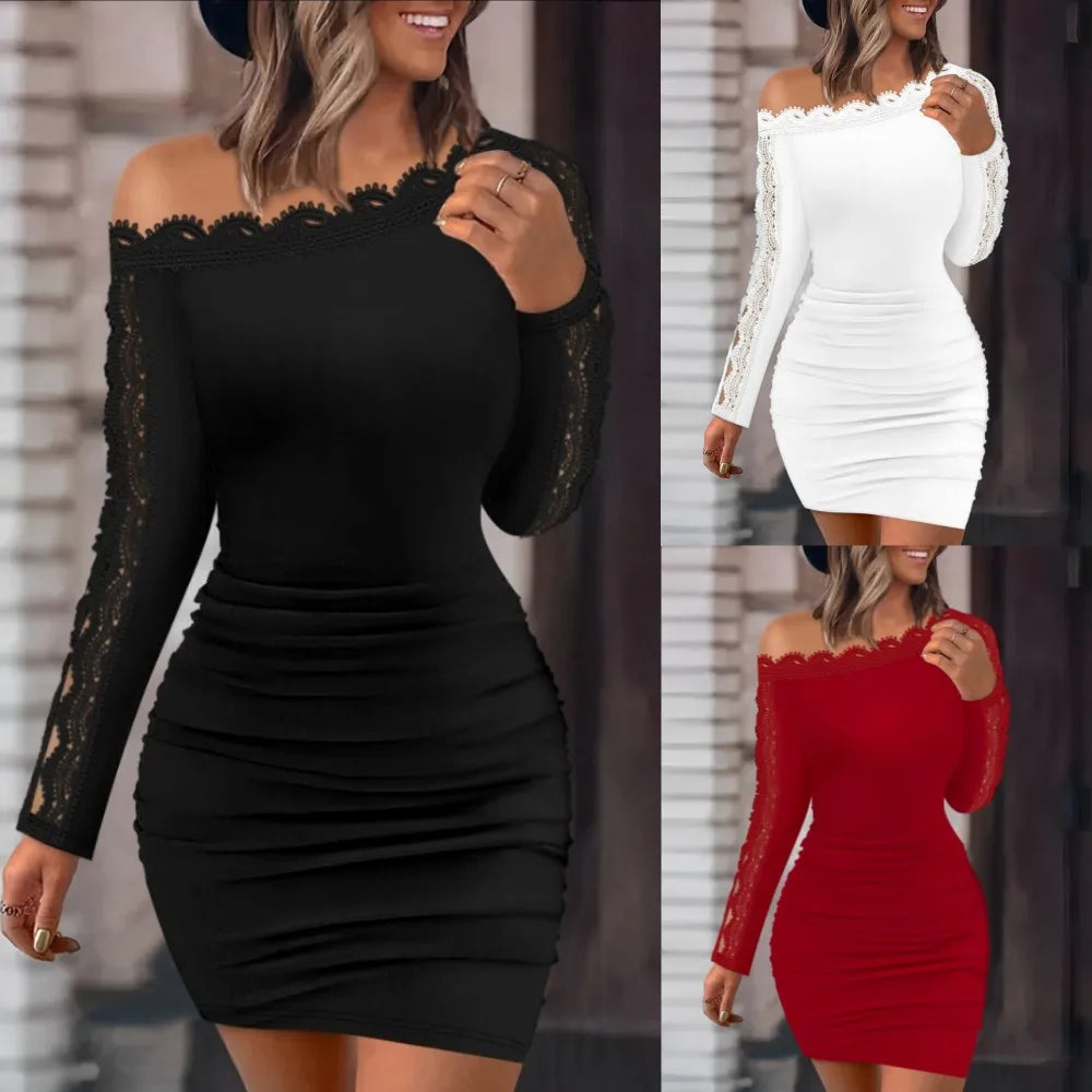 Elegant White Short Dress 2024 Autumn Winter New Solid Lace Splice One Line Neck Tight Wrap Hip Sexy Long Sleeve Dress For Women