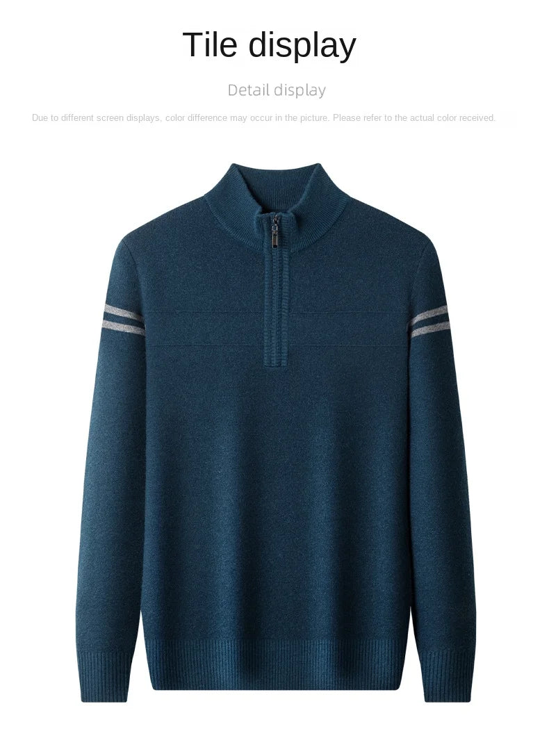 Men's autumn and winter high collar half zipper 100% wool sweater 2024 thick long sleeve warm pullover business casual knitted s