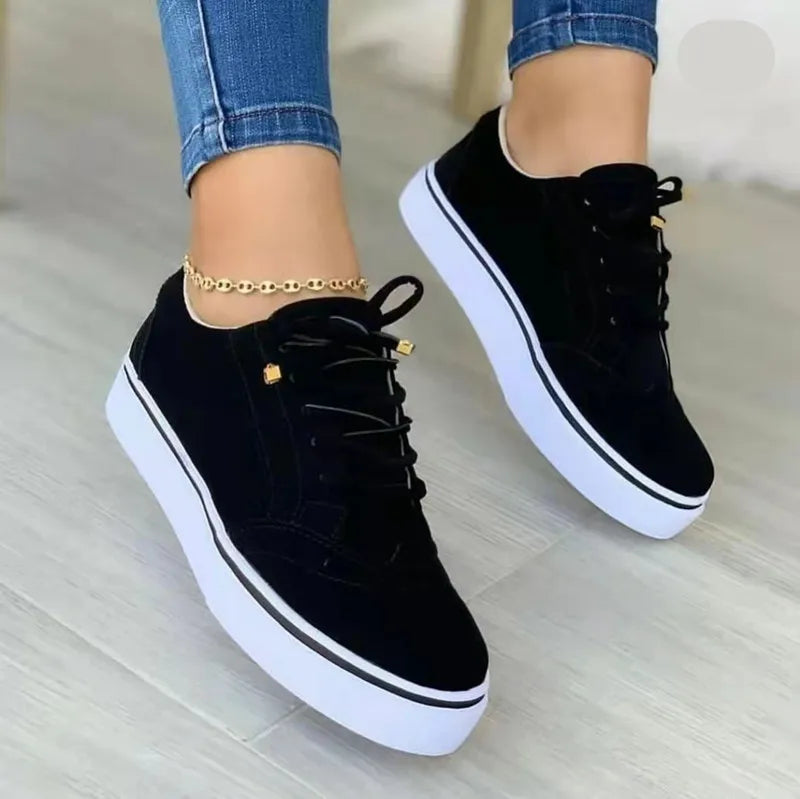 New Women's Low-top Vulcanized Round Toe Casual Flat Shoes Lace-up Walking Women Versatile Comfortable