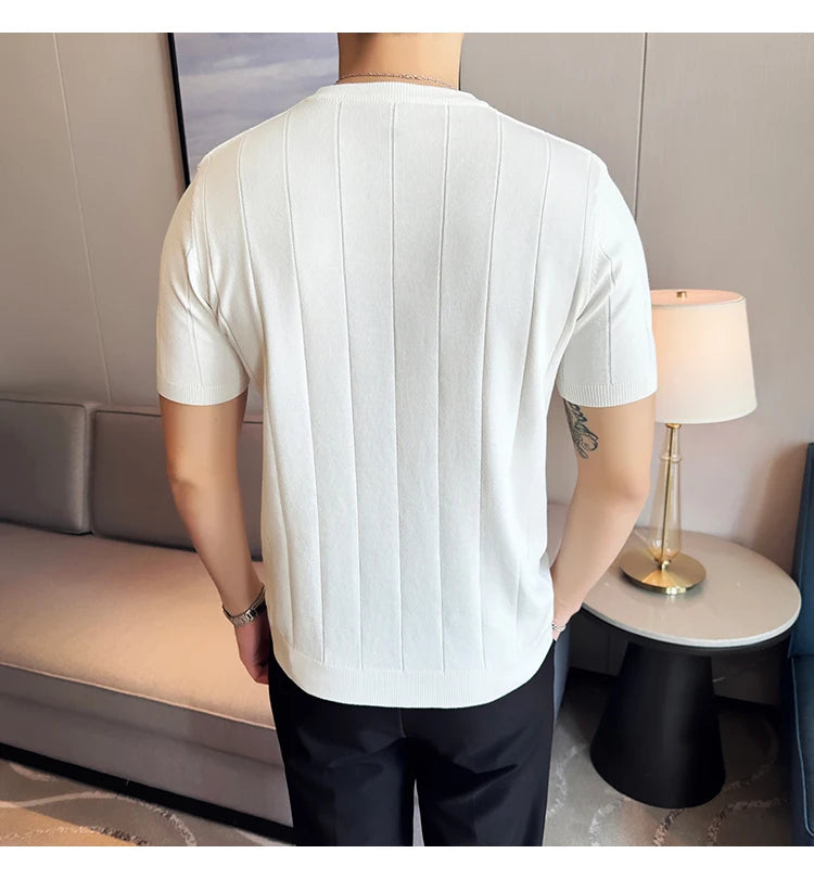 2024 New High Quality, Business Casual Men's Short-Sleeved O-neck Sweater, Daily Slim Fit T-shirt, Stretchable Striped Top M-3XL