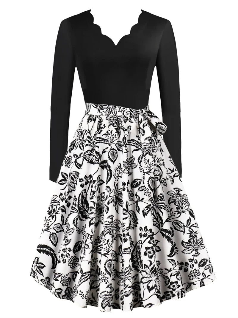 Sexy lace V-neck long sleeved pullover with slim fit floral print casual party A-line dress with belt included