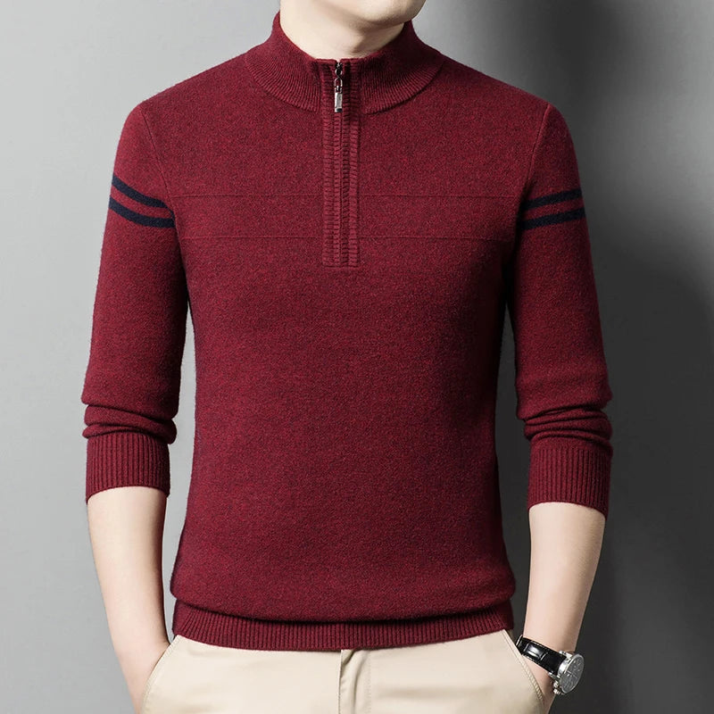 Men's autumn and winter high collar half zipper 100% wool sweater 2024 thick long sleeve warm pullover business casual knitted s