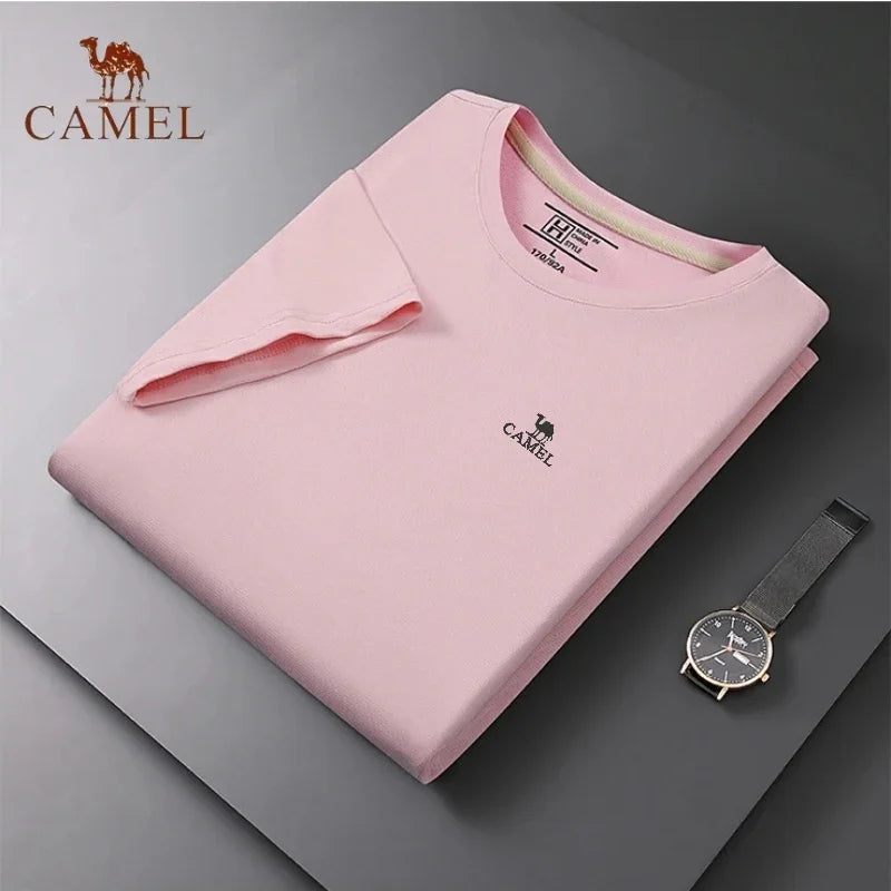 Embroidered CAMEL Round Neck Short Sleeved T-shirt, Summer Men's Fashionable Casual Outdoor Sports Breathable Polo Shirt Top